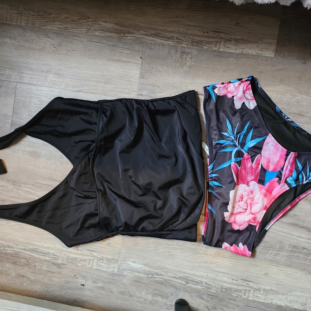 Floral Black and Pink Women's Swimsuit